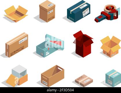 Boxes isometric. Cardboard packages open and closed container shipping cartons vector box collection Stock Vector