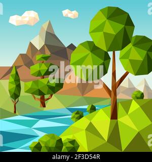 Low poly landscape. Nature green trees plants clouds sky outdoor field flowers vector cartoon stylized background Stock Vector