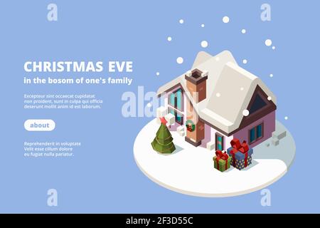 Snow house. Xmas building with holiday gifts green decoration tree 3d vector isometric banner for web template Stock Vector