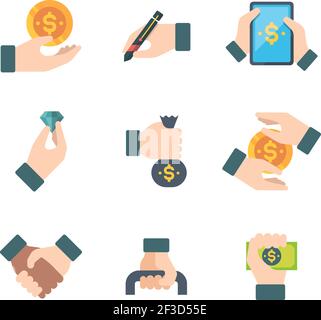 Business hands. Holdings financial elements money financiers documents contracts briefcases managers vector hands flat icons Stock Vector