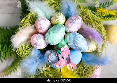 Happy Easter. Congratulatory easter background. Background with copy space. Selective focus. Horizontal. Stock Photo