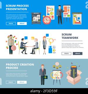 Scrum processes. Teamwork agile sprints software production collaboration project time management vector horizontal banners Stock Vector