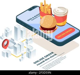 Pizza order online. Smartphone screen fast food pictures mobile app internet shopping order junk food fast delivery vector isometric Stock Vector