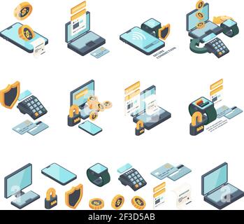 Digital payment. Online internet banking mobile checking bills electronic mobility cards wallets vector isometric collection Stock Vector