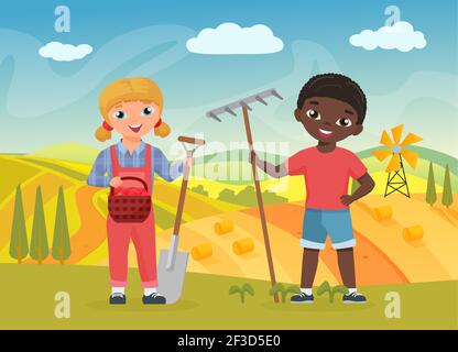 Children farmers with work tools, funny boy girl workers holding shovel and pitchfork Stock Vector