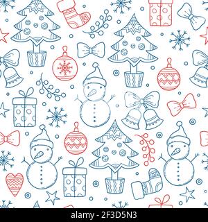 Christmas pattern. Winter season graphic snowflakes clothes gifts stars candles trees snowman mittens vector seamless background Stock Vector