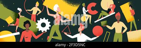 Wide panorama header abstract geometric shapes, flying people, teamwork concept vector illustration. Cartoon tiny woman man team floating in space Stock Vector