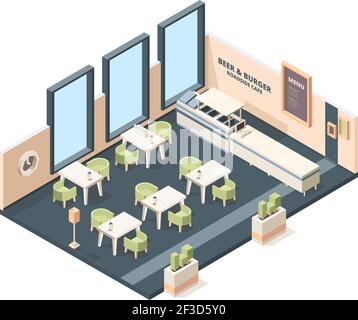 Pizzeria interior. Fast food caffe restaurant buffet italian industrial office cross plan with furniture vector isometric building Stock Vector