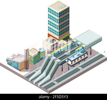 Railway station. Metro train urban public transport in city architecture viaduct vector isometric buildings Stock Vector