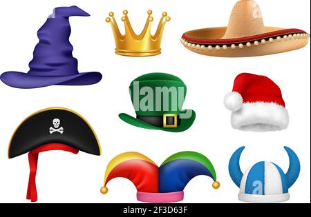 Carnival hats. Masquerade clothes fabric funny hats viking sombrero clown santa crown party celebration items vector realistic Stock Vector
