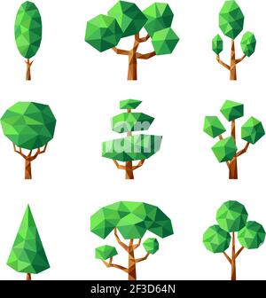 Poly tree. Green nature season plants vector stylized geometrical forms low poly pictures Stock Vector