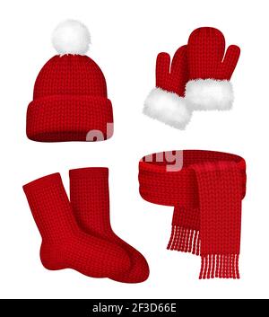 Winter clothes. Scarf mittens stocking snow hat with fur season fashion red christmas clothes vector realistic template Stock Vector