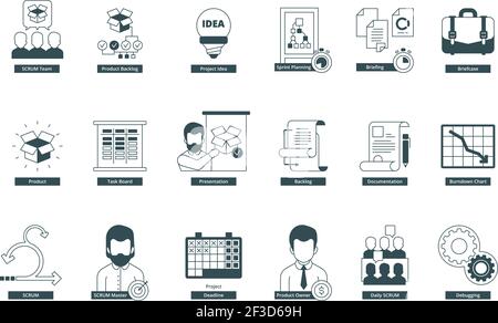 Agility icons. Scrum methodology professional meeting conference master agile vector symbols collection Stock Vector