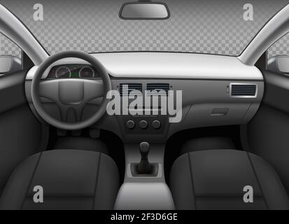 Car interior. Automobile realistic salon info panel dashboard speedometer leather seat mirror back view vector template Stock Vector