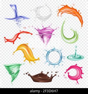 Colored splashes. Liquid paint or fresh juice red orange green blue flowing splashes vector photorealistic template Stock Vector