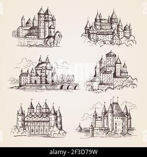 Castles medieval. Old tower buildings vintage architecture ancient gothic castles vector hand drawn illustrations Stock Vector