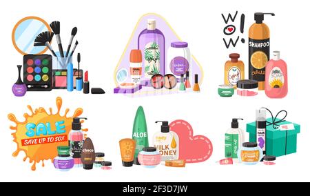 Beauty store cosmetics set, flat vector isolated illustration. Hair, face and body skin care and makeup products. Stock Vector
