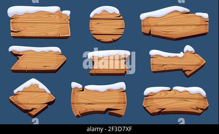 Winter sign boards. Wooden season banners with snow cap vector christmas decoration Stock Vector
