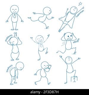 Business stickman. Hand drawn figures in different action poses running standing holding pointing sitting jumping vector business doodles Stock Vector
