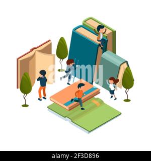 Reading concept. Isometric books, reading people vector illustration. Study, free time, entertainment with books Stock Vector