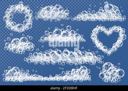 Transparent foam. Texture of blue foam soapy or gel balls vector realistic collection Stock Vector