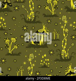 Seamless vector pattern with magic mushrooms on green background. Glowing yellow forest wallpaper design. Fantasy fashion textile. Stock Vector