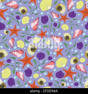 Seamless vector pattern sea shells and starfish. Undersea wallpaper design on blue. Tropical sea elements. Stock Vector