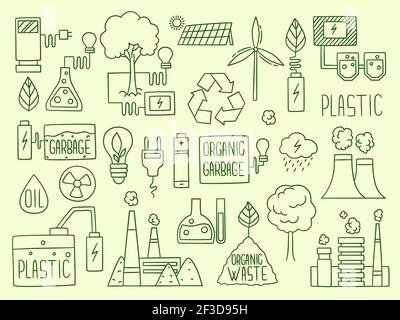 Energy icon. Electricity nature battery recycle elements factory production water energy globe fuel production vector doodles Stock Vector