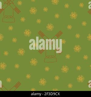 Seamless vector pattern with windmill on green background. Outlined hand drawn design. Simple country house wallpaper. Stock Vector