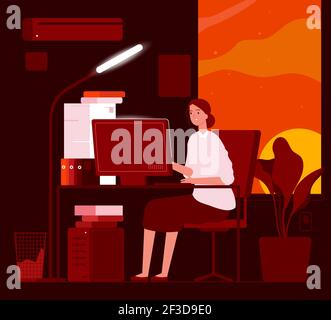 Woman night office. Business female characters late at work hard work in piles of paper documents vector concept Stock Vector