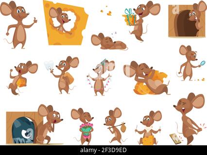Mouse cartoon. Small mice in action poses lab animals friendly mascot pets vector characters Stock Vector