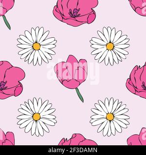 Vector pink background white pink floral seamless pattern. Daisies, Lilies, Tulips. Seamless pattern background Stock Vector