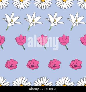 Vector blue background white pink floral seamless pattern. Daisies, Lilies, Tulips. Seamless pattern background Stock Vector