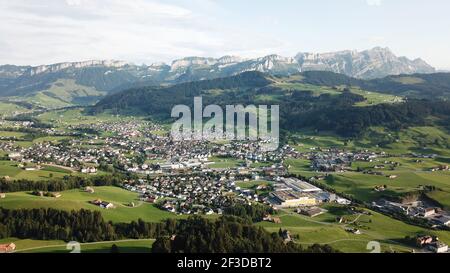 Droneview from Appenzell and Säntis Mountain Stock Photo