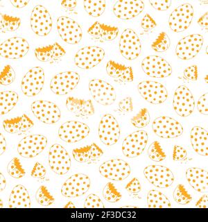 Seamless vector pattern with outlined spotty yellow eggs on white background. Simple kitchen decoration design with egg. Stock Vector