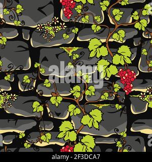Seamless vector pattern with stone wall and wine plant. Vintage castle wallpaper design with climbing tree. Grey nature background with rock. Stock Vector