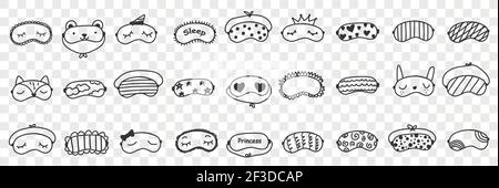 Masks for sleeping doodle set. Collection of hand drawn elegant masks on eyes for comfortable sleeping personal accessories isolated on transparent background Stock Vector