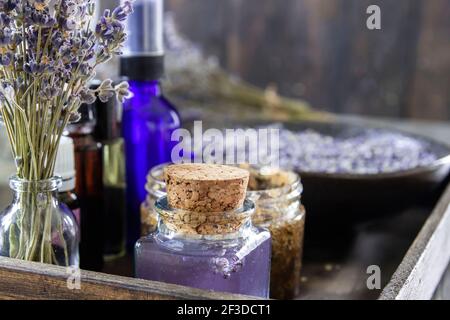 Lavender dried flowers and natural cosmetics Stock Photo