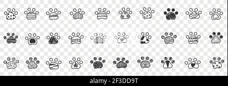 Animals paws footprints doodle set. Collection of hand drawn footprints imprints of animals dogs with various patterns in rows isolated on transparent background Stock Vector