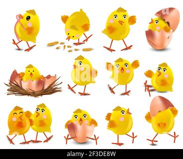 Collection of cute yellow chickens. Funny cartoon chickens for your design. Easter chicks on white background. Chicken hatching from an egg. Vector illustration. Stock Vector