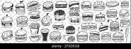 Burgers fast food doodle set. Collection of hand drawn tasty junk food hamburgers cheeseburgers rolls sandwich lemonade in glass isolated on transparent background Stock Vector