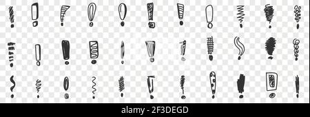 Exclamation mark symbols doodle set. Collection of hand drawn various shapes and styles of Exclamation mark symbols for attention attraction isolated on transparent background Stock Vector