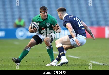 File photo dated 14-03-2021 of Ireland's CJ Stander (left) and Scotland's Huw Jones during the Guinness Six Nations match at BT Murrayfield Stadium, Edinburgh. Issue date: Tuesday March 16, 2021. Stock Photo