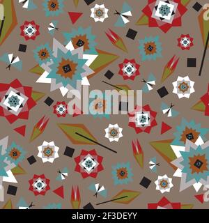 Seamless vector pattern with geometrical flowers on grey background. Simple vintage style wallpaper design. Stock Vector