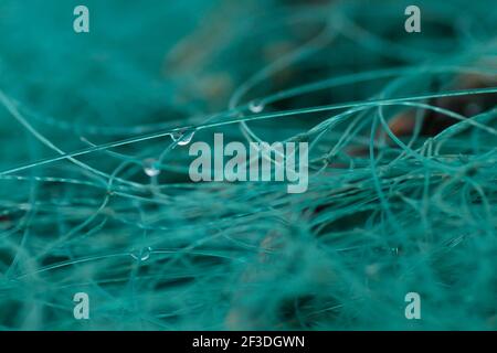 Teal colored fishing net close up, abstract photo Stock Photo