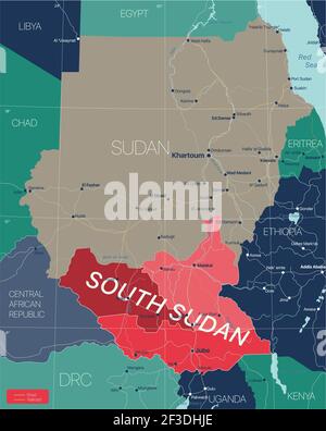 South Sudan country detailed editable map with regions cities and towns, roads and railways, geographic sites. Vector EPS-10 file Stock Vector