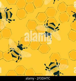 Seamless vector pattern with bumblebee and honeycomb on yellow background. Animal bee repeat wallpaper design. Stock Vector