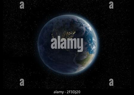 3D rendering of planet Earth at night from space on a star field, with clipping path, for scientific and space business backgrounds. Elements of this Stock Photo