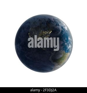 3D rendering of Planet Earth from space at night, with North and South American continents at night, isolated on white with clipping path. Elements of Stock Photo