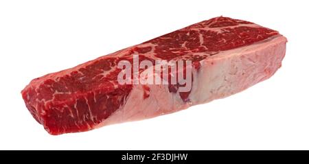 Beef loin boneless end cut strip steak side view on a white background. Stock Photo